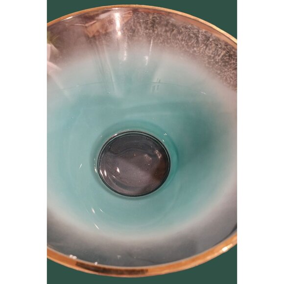 Blendo Vintage Turquoise Frosted Glass Bowl With Gold Trim Chip Dip Mid Century - Picture 2 of 12